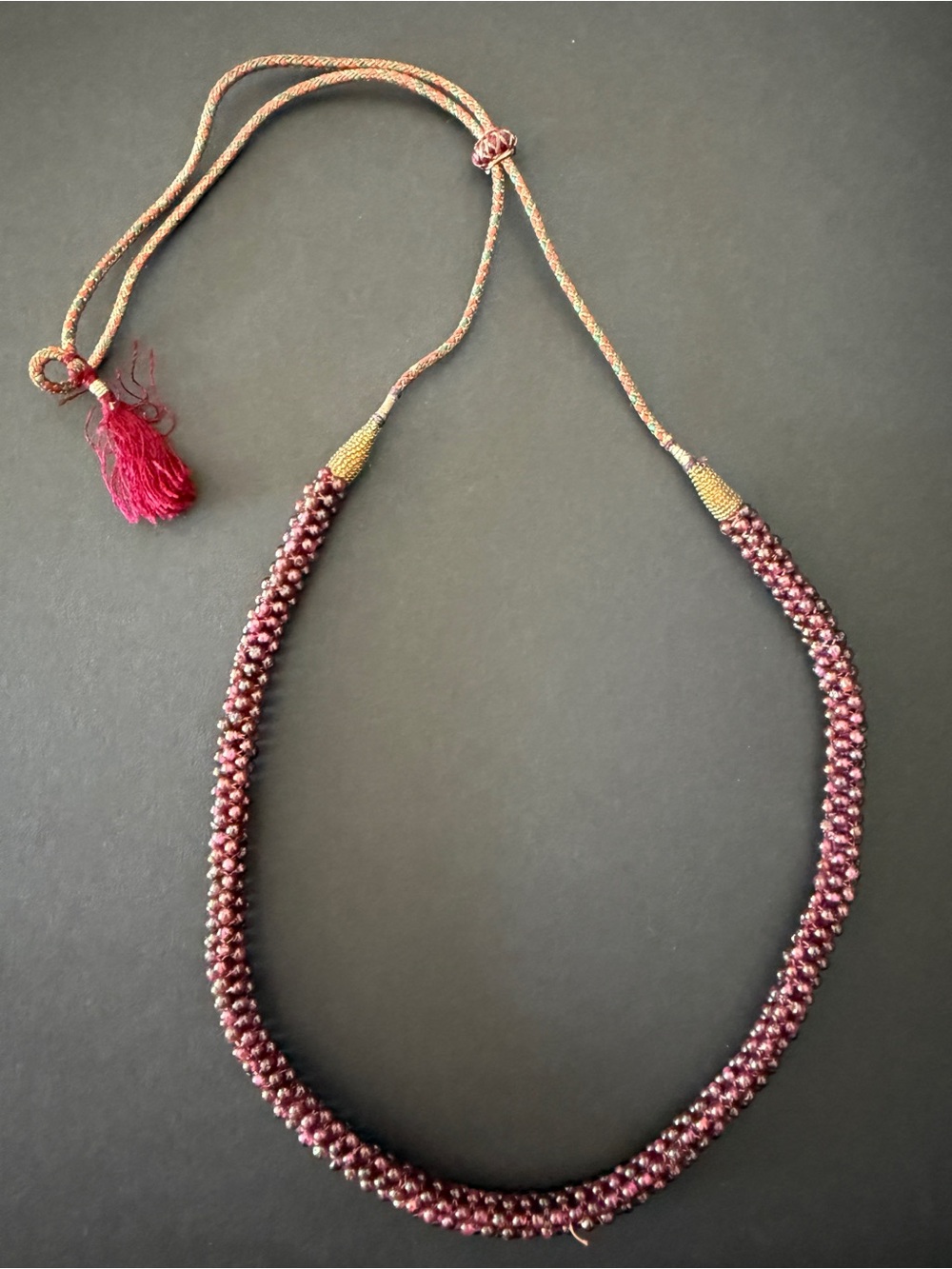 Vintage Garnet Beaded and Gold Thread Wrapped & Silk Cord, Adjustable Length